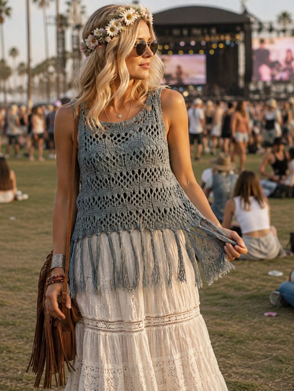 Shyanne Crochet Fringe Tank Top | XS | Boho Festival Western | Blue Gray